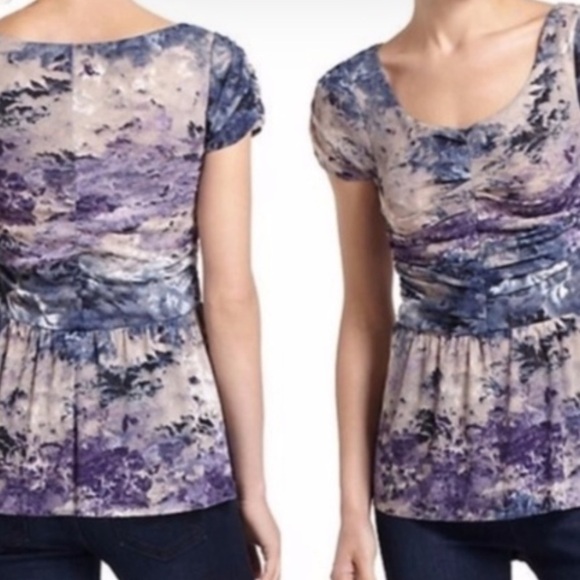 Anthropologie Postmark Y2K Watercolor Ruched Mesh on Mesh Peplum Top - Picture 9 of 12